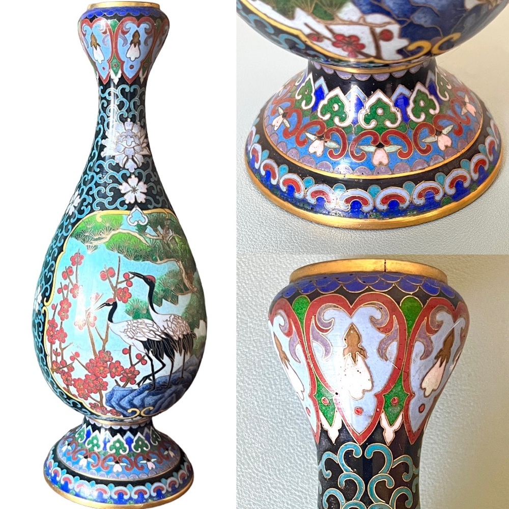 Antique Chinese Cloisonné Vase Colorful Enamel Crane Egret Birds Cherry Blossoms